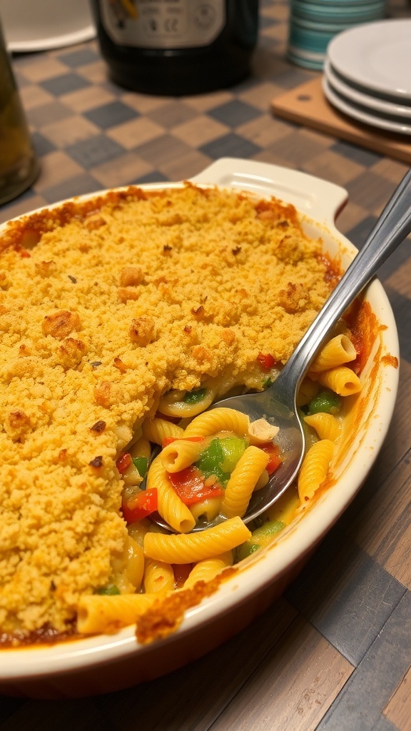 A delicious 8-inch casserole with pasta, chicken, and vegetables, topped with breadcrumbs, in a cozy kitchen.